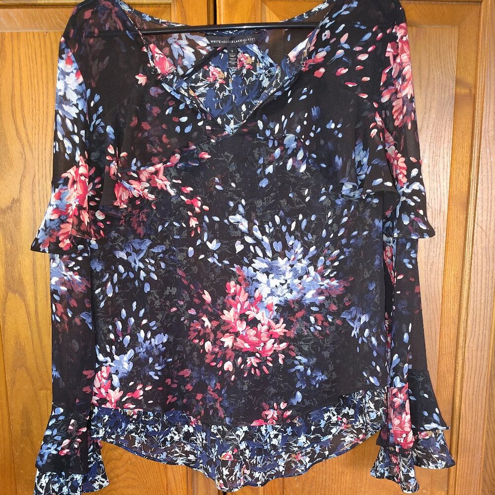 White House Black Market WHBM Women 2 Floral Blouse Semi Sheer Flare Sleeve Boho